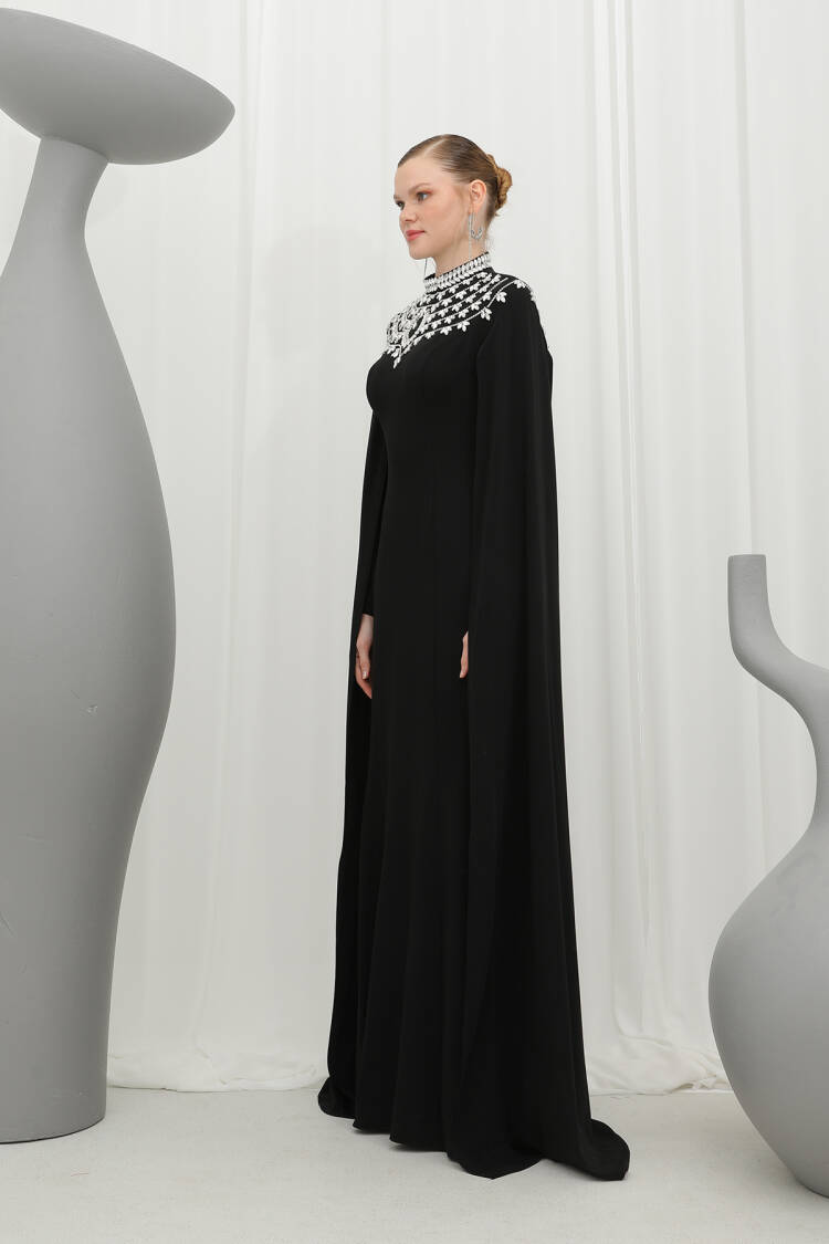 Women's Stone Embroidered Long Sleeve Evening Dress