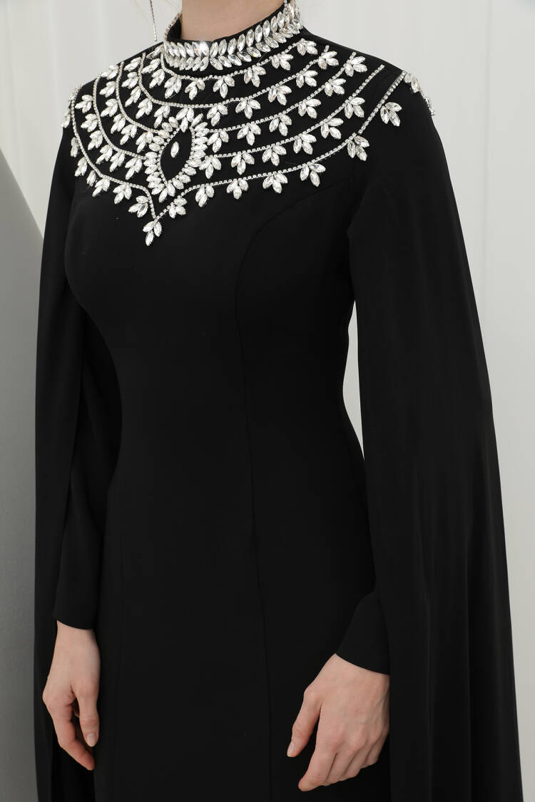 Women's Stone Embroidered Long Sleeve Evening Dress