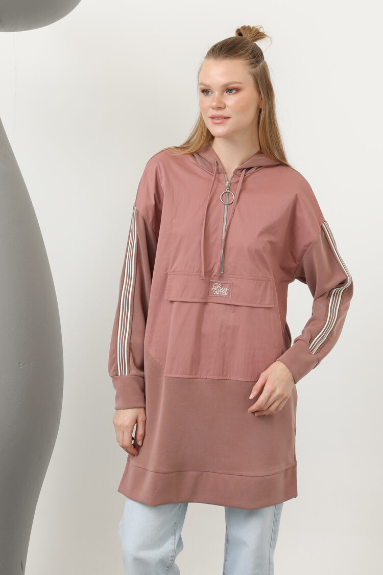 Front Zipper Detailed Hooded Tunic