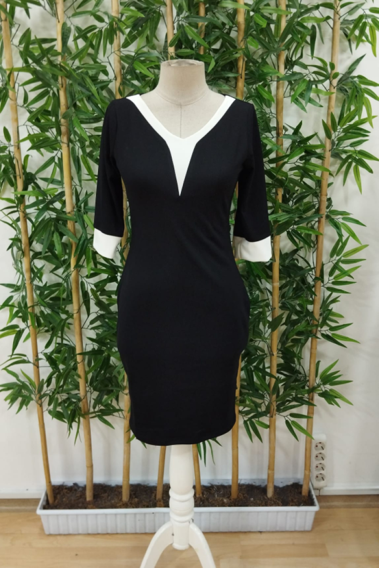 Women's Poor Sleeve V-Neck Block Color Short Janjan Crepe Dress - Gold