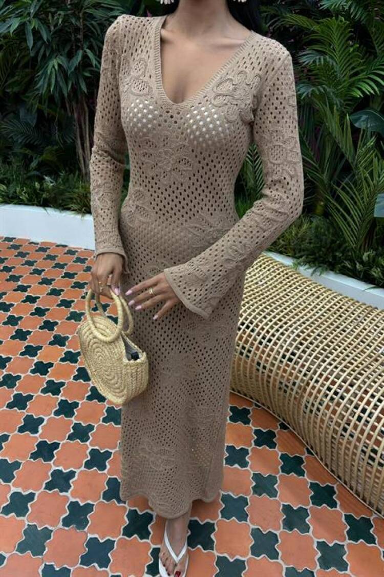 Floral Detailed Openwork Knitwear Dress