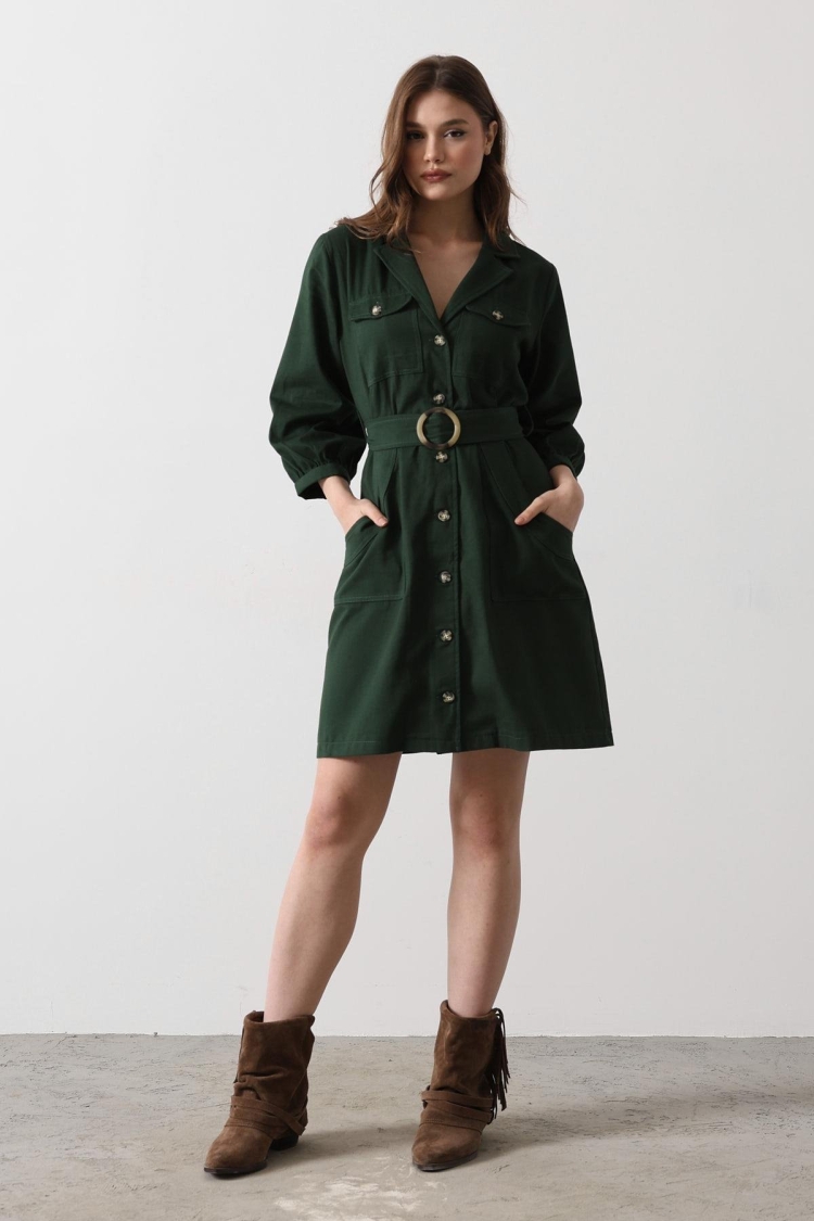 Belt Detailed Gabardine Dress - - Khaki