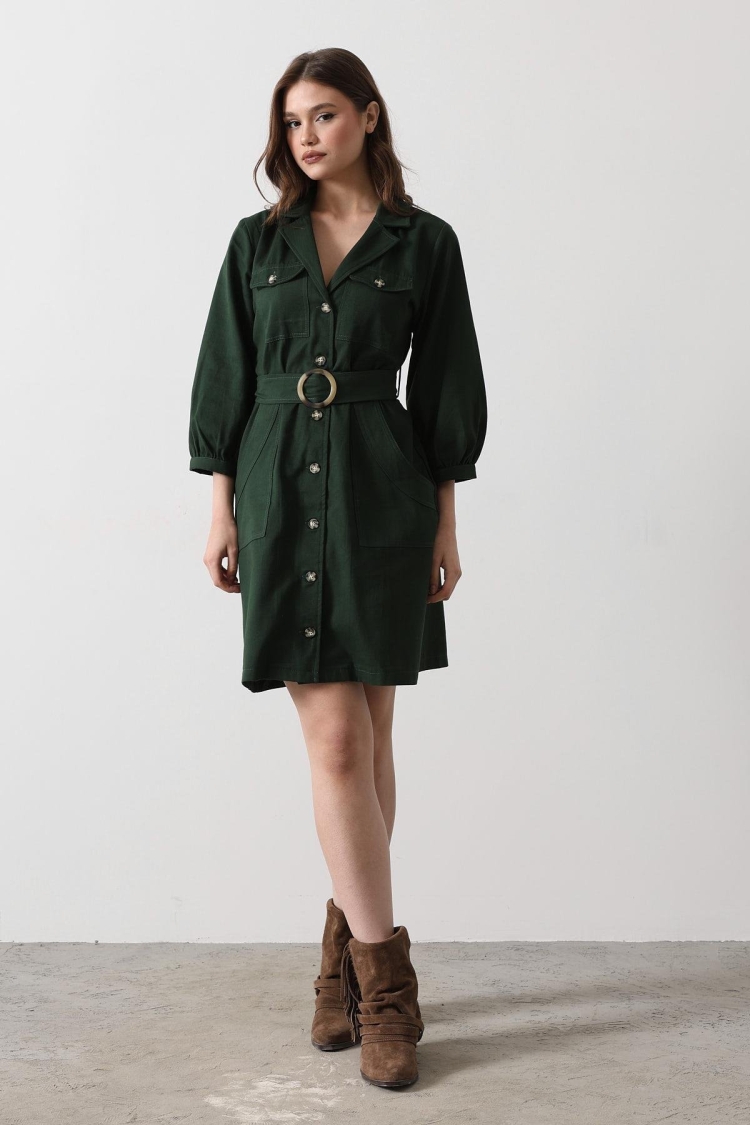 Belt Detailed Gabardine Dress - - Khaki