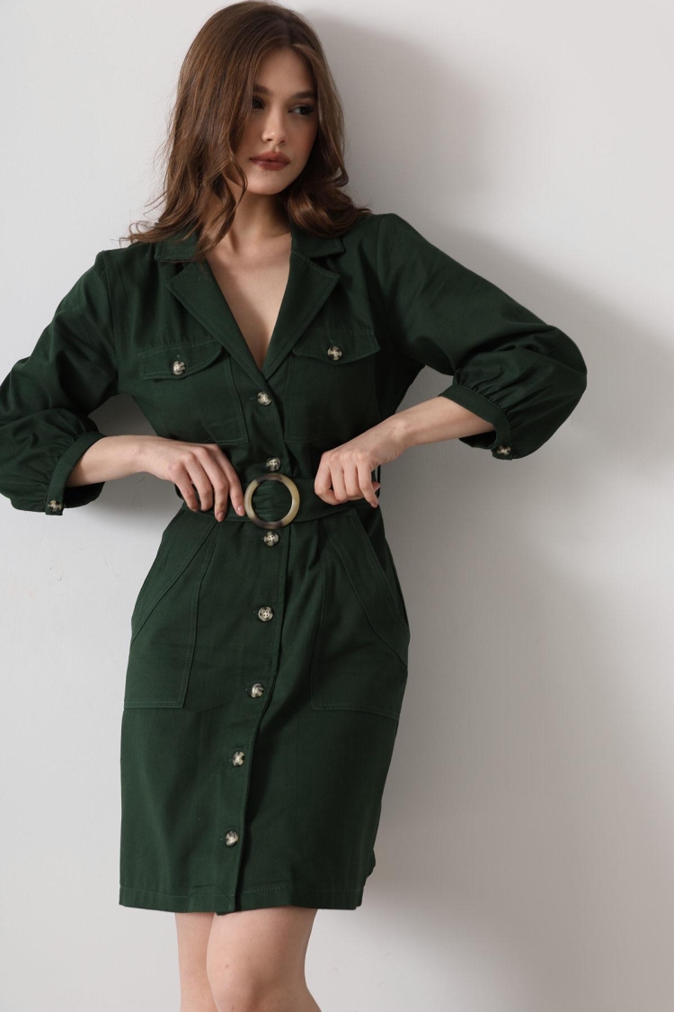 Belt Detailed Gabardine Dress - - Khaki