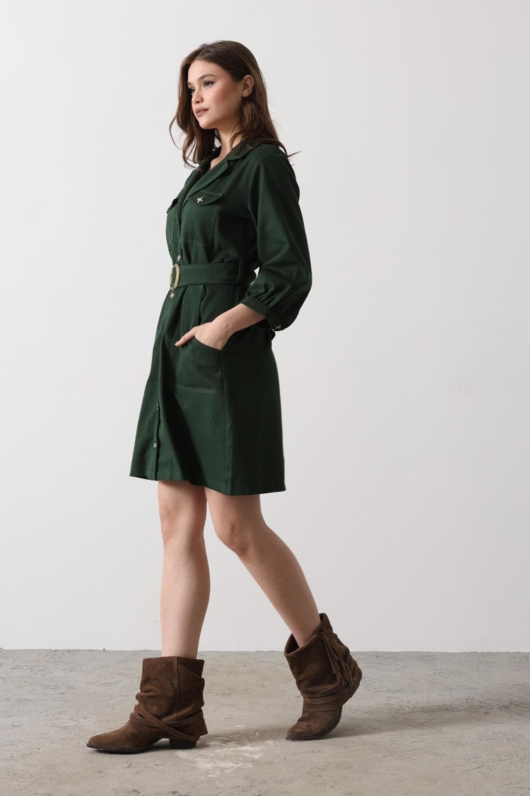 Belt Detailed Gabardine Dress - - Khaki - Reyon - Globality Store - Women Clothes Wholesale Turkey