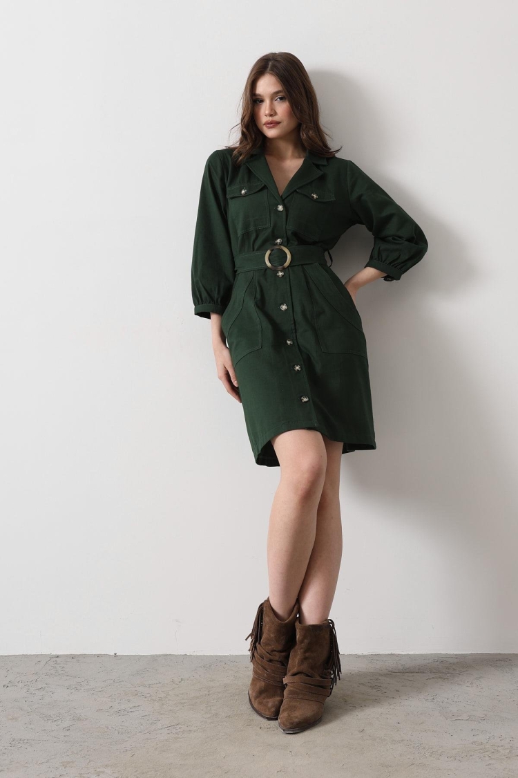 Belt Detailed Gabardine Dress - - Khaki