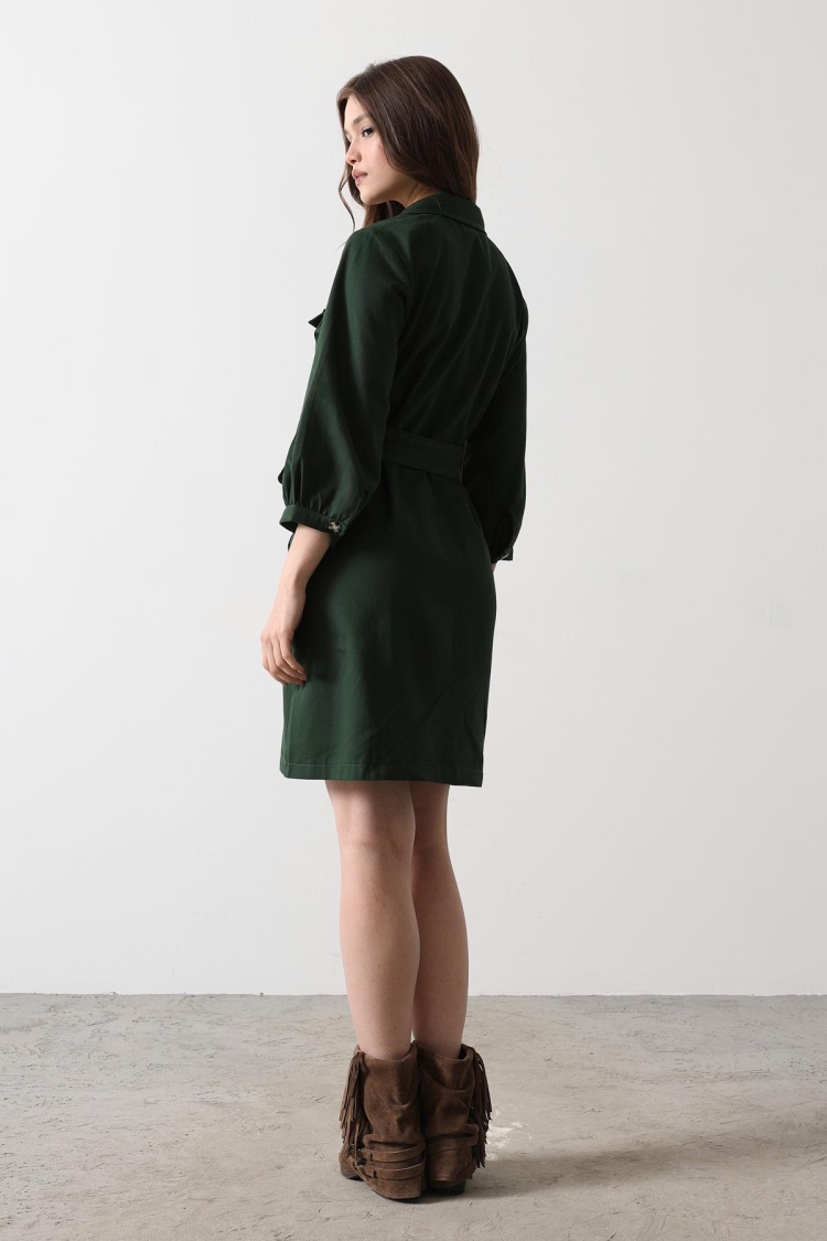 Belt Detailed Gabardine Dress - - Khaki