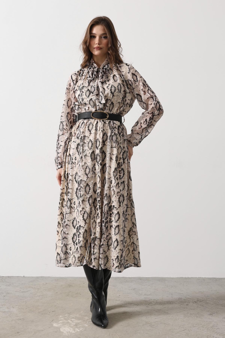 Snake Pattern Long Neckline Detailed Dress - - Cream-black