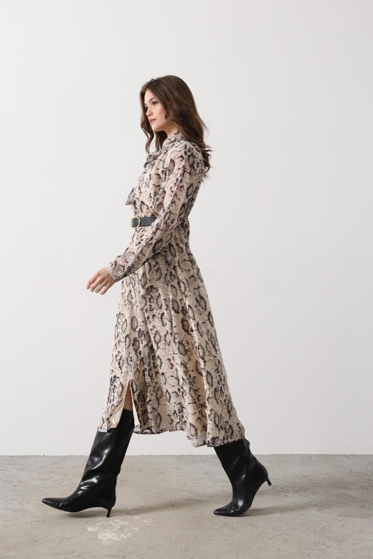 Snake Pattern Long Neckline Detailed Dress - - Cream-black