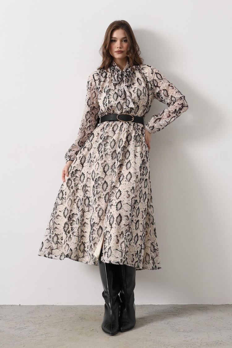 Snake Pattern Long Neckline Detailed Dress - - Cream-black