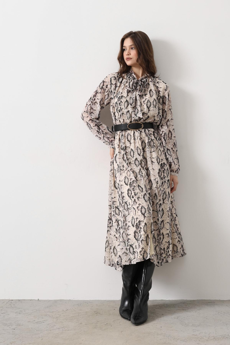 Snake Pattern Long Neckline Detailed Dress - - Cream-black