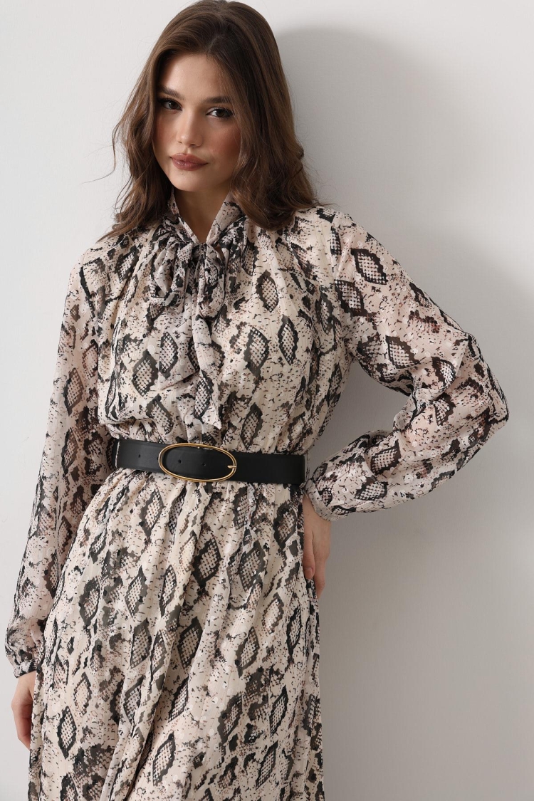 Snake Pattern Long Neckline Detailed Dress - - Cream-black - Reyon - Globality Store - Women Clothes Wholesale Turkey