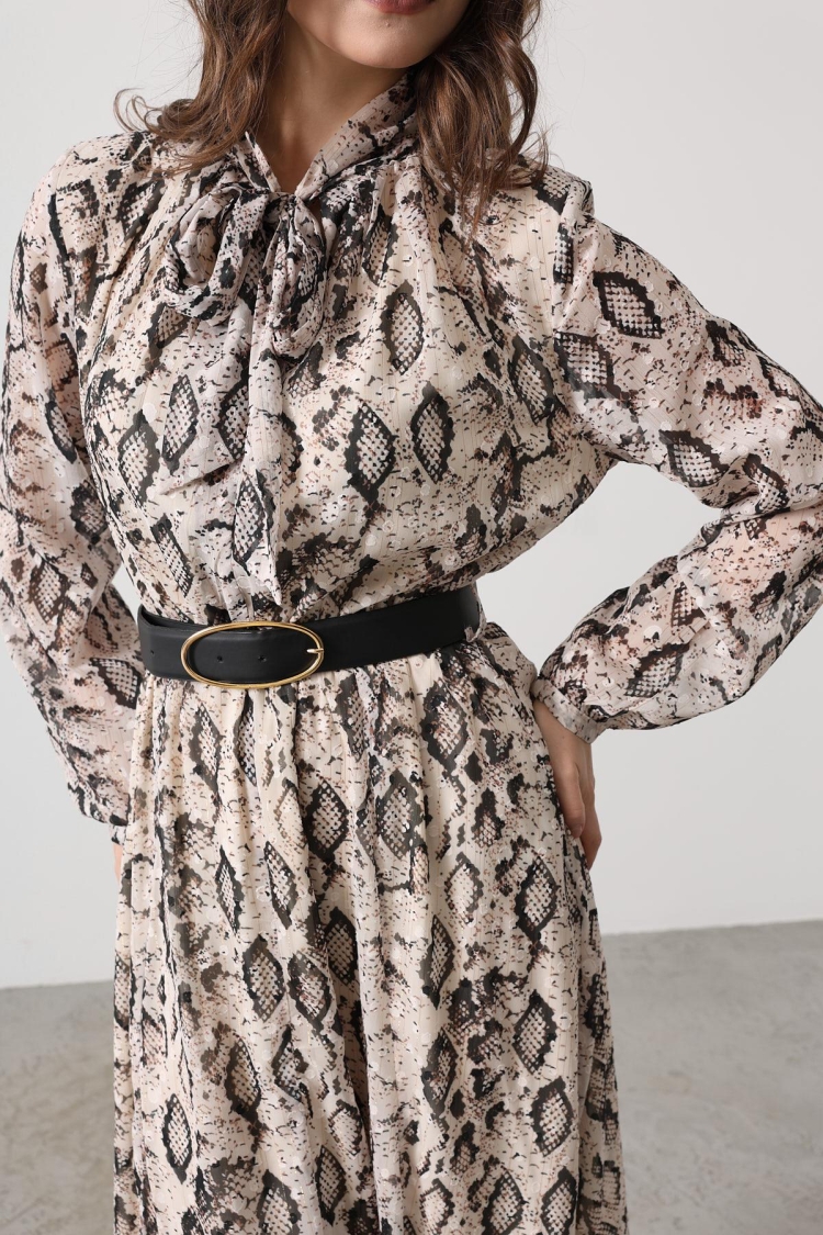 Snake Pattern Long Neckline Detailed Dress - - Cream-black