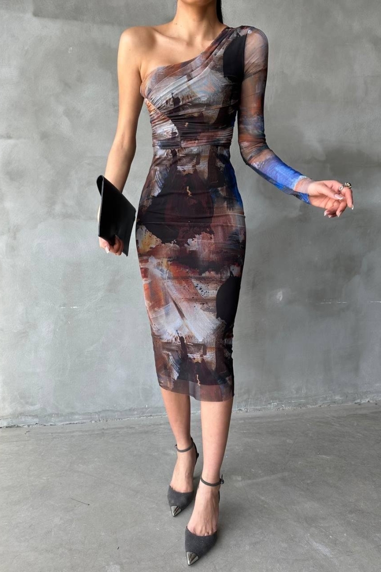 Pastel Pattern One Sleeve Dress - Brown