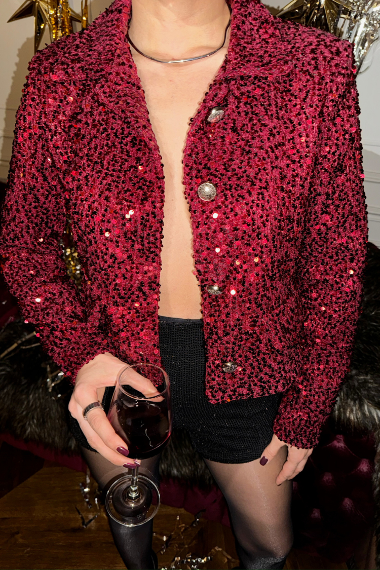 Sequin Button Detailed Crop Jacket - Claret Red