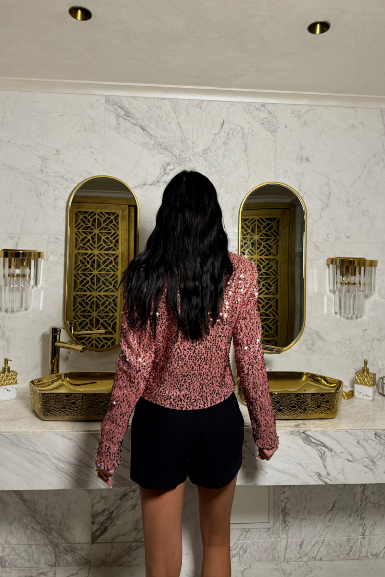 Sequin Button Detailed Crop Jacket - Powder