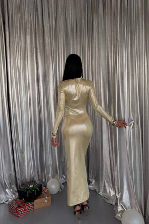 Shiny Draped Long Dress - Ello - Globality Store - Women Clothes Wholesale Turkey