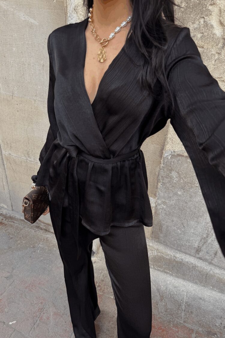 Satin Double Breasted Tie Blouse Trousers Set