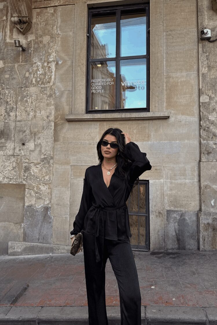 Satin Double Breasted Tie Blouse Trousers Set