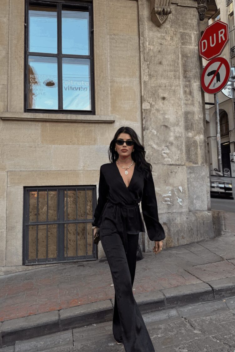 Satin Double Breasted Tie Blouse Trousers Set