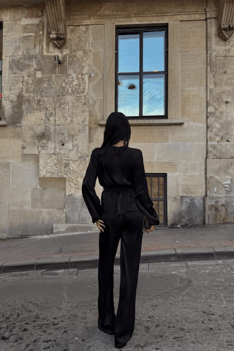 Satin Double Breasted Tie Blouse Trousers Set