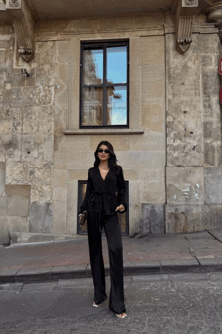 Satin Double Breasted Tie Blouse Trousers Set - Ello - Globality Store - Women Clothes Wholesale Turkey