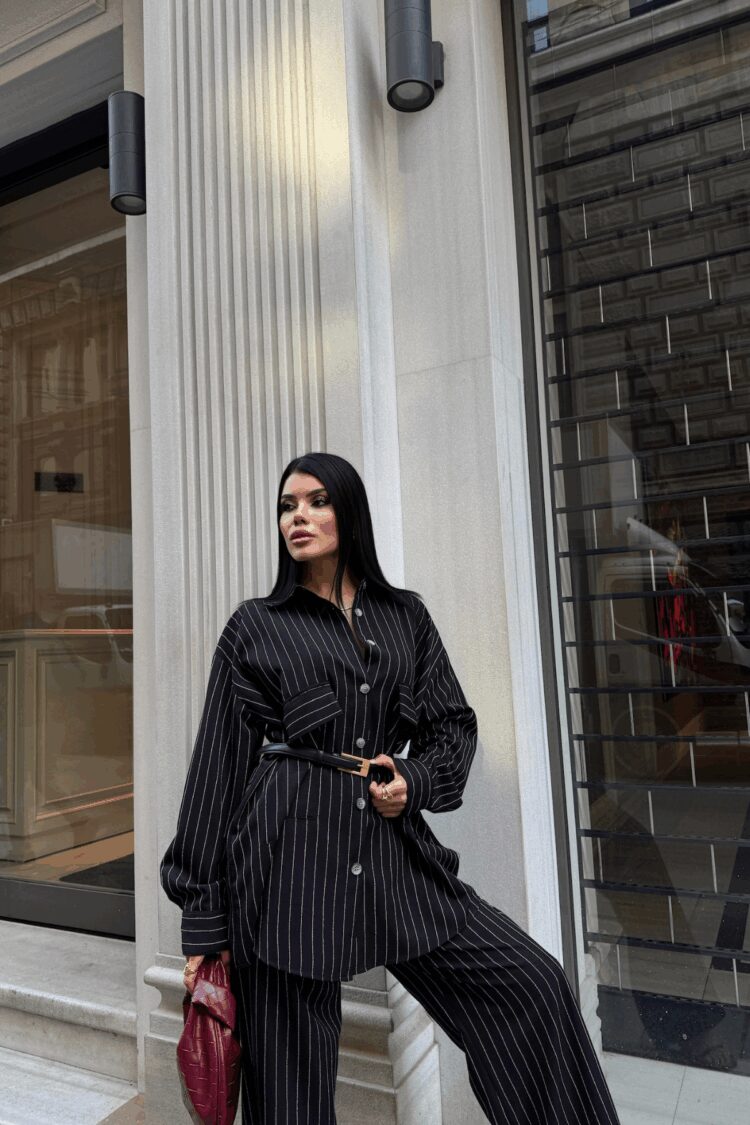 Striped Back Design Detailed Shirt Pants Set