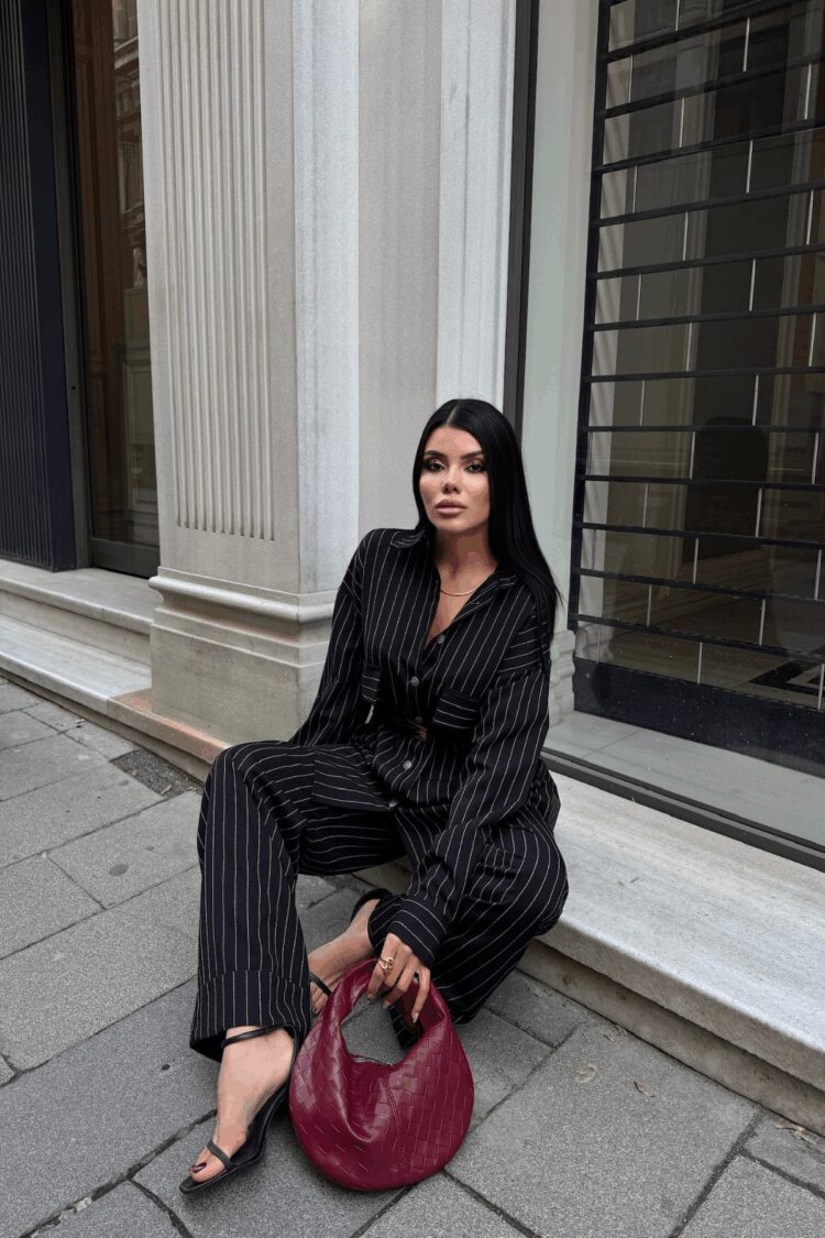 Striped Back Design Detailed Shirt Pants Set