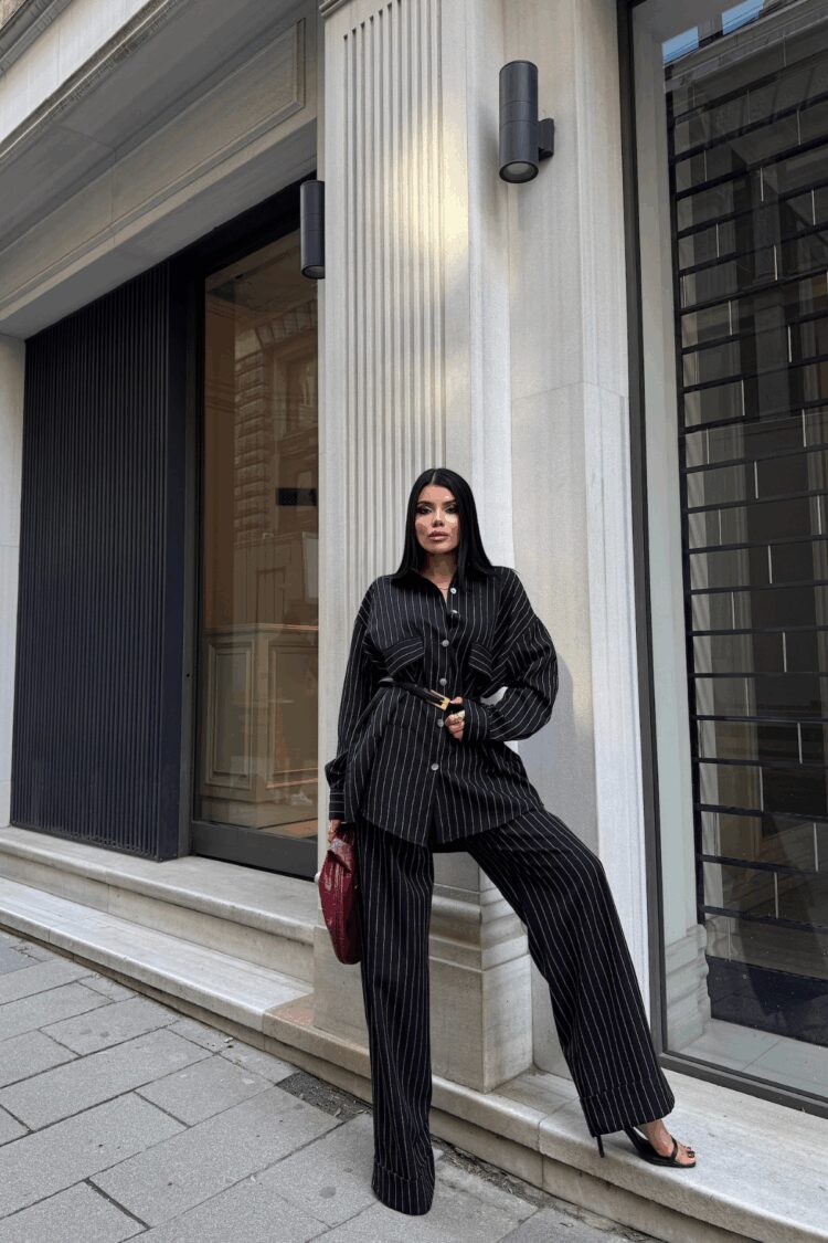 Striped Back Design Detailed Shirt Pants Set