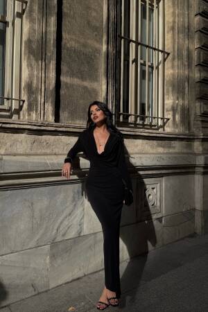 Degaje Neckline Long Dress - Ello - Globality Store - Women Clothes Wholesale Turkey