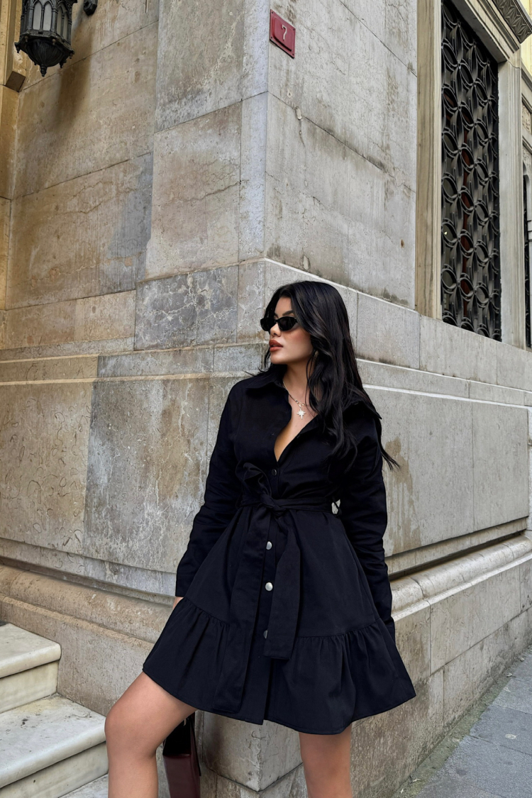 Gabardine Short Dress With Ruffle Front Buttoned Skirt