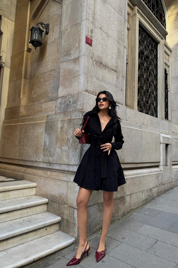 Gabardine Short Dress With Ruffle Front Buttoned Skirt