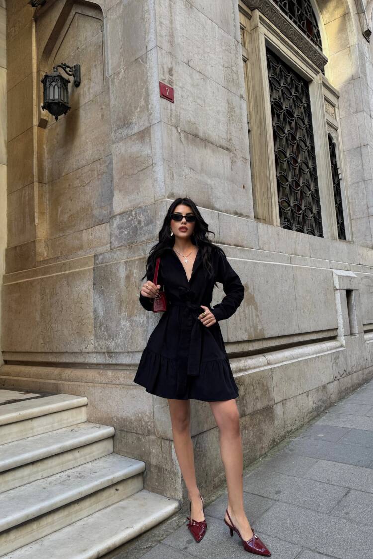 Gabardine Short Dress With Ruffle Front Buttoned Skirt