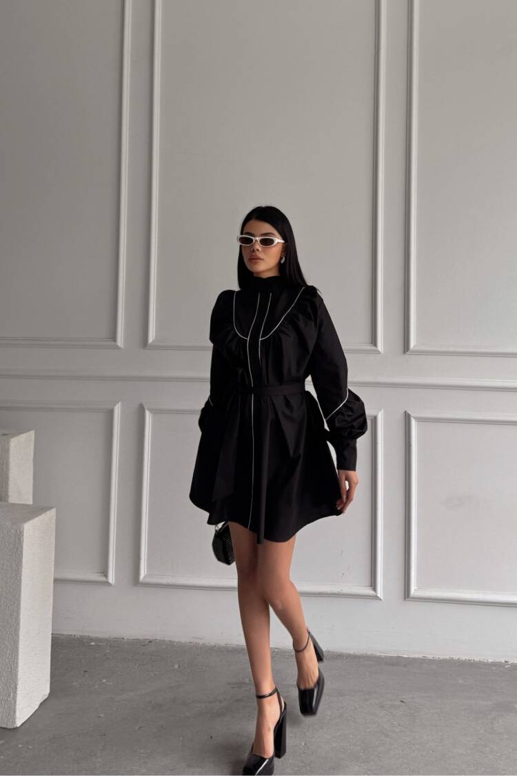 Front Buttoned Poplin Flared Dress Lacing Belt Detailed - Ello - Globality Store - Women Clothes Wholesale Turkey