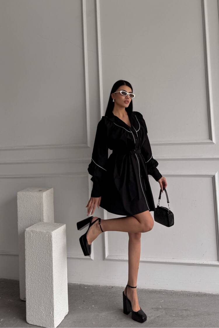 Front Buttoned Poplin Flared Dress Lacing Belt Detailed