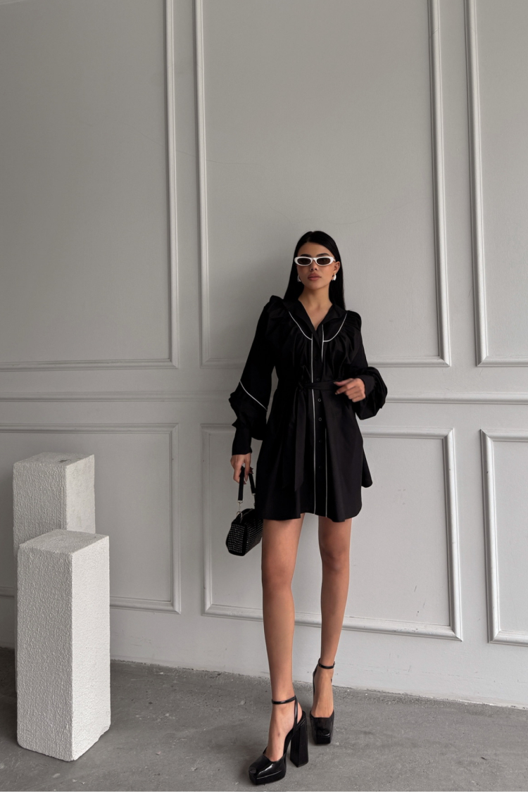Front Buttoned Poplin Flared Dress Lacing Belt Detailed