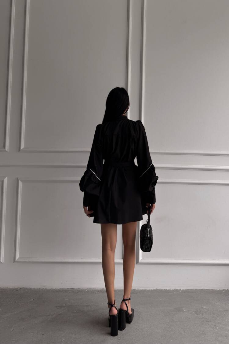 Front Buttoned Poplin Flared Dress Lacing Belt Detailed