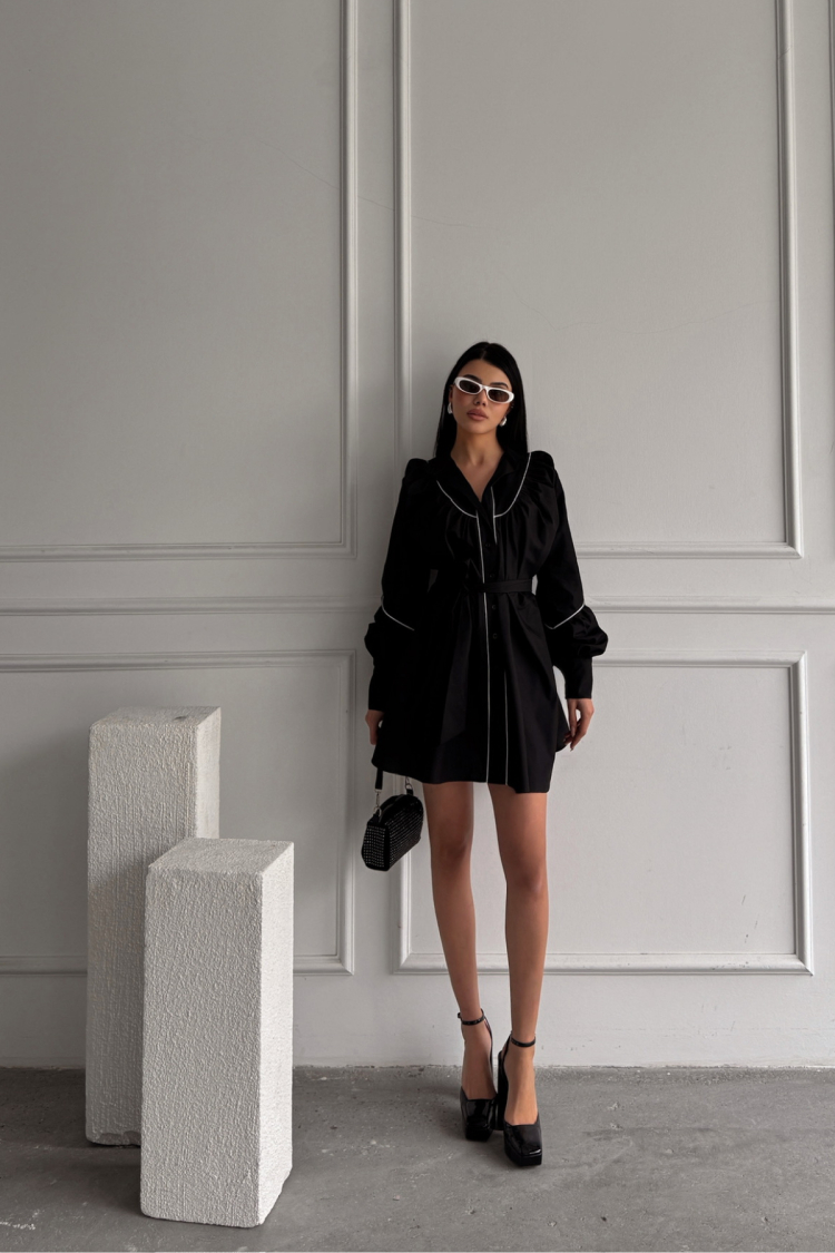 Front Buttoned Poplin Flared Dress Lacing Belt Detailed