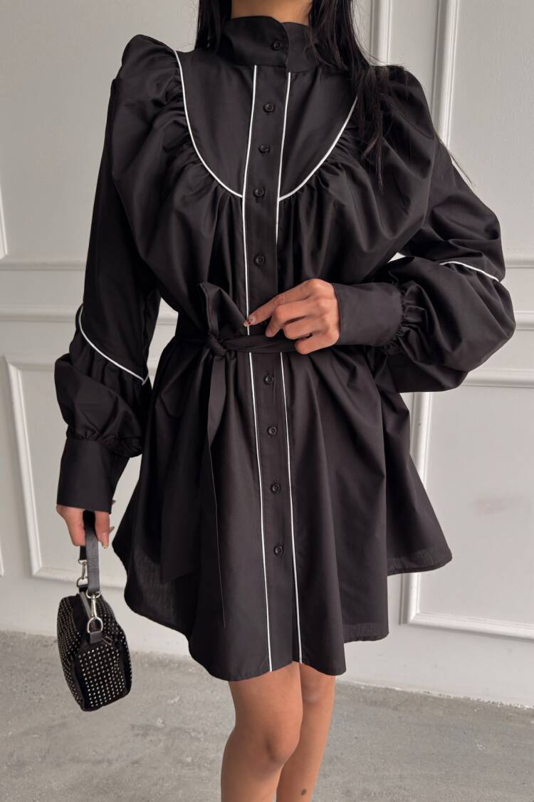 Front Buttoned Poplin Flared Dress Lacing Belt Detailed