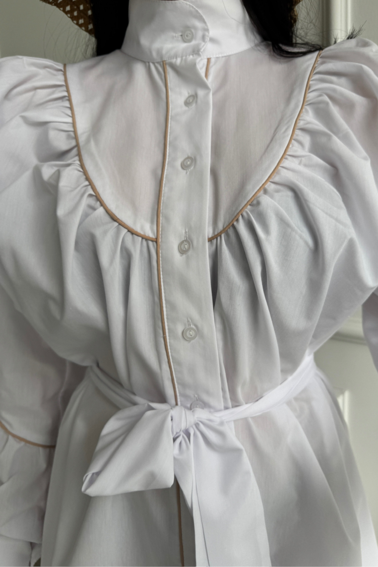 Front Buttoned Poplin Flared Dress Lacing Belt Detailed