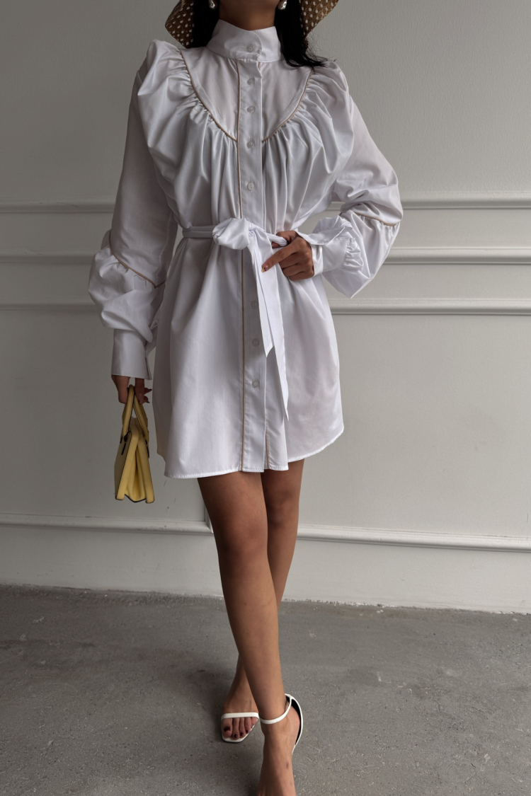 Front Buttoned Poplin Flared Dress Lacing Belt Detailed