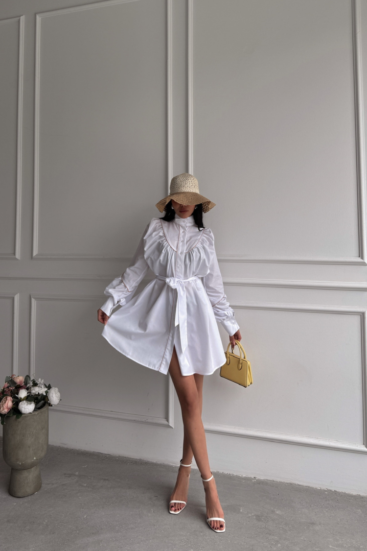 Front Buttoned Poplin Flared Dress Lacing Belt Detailed - Ello - Globality Store - Women Clothes Wholesale Turkey