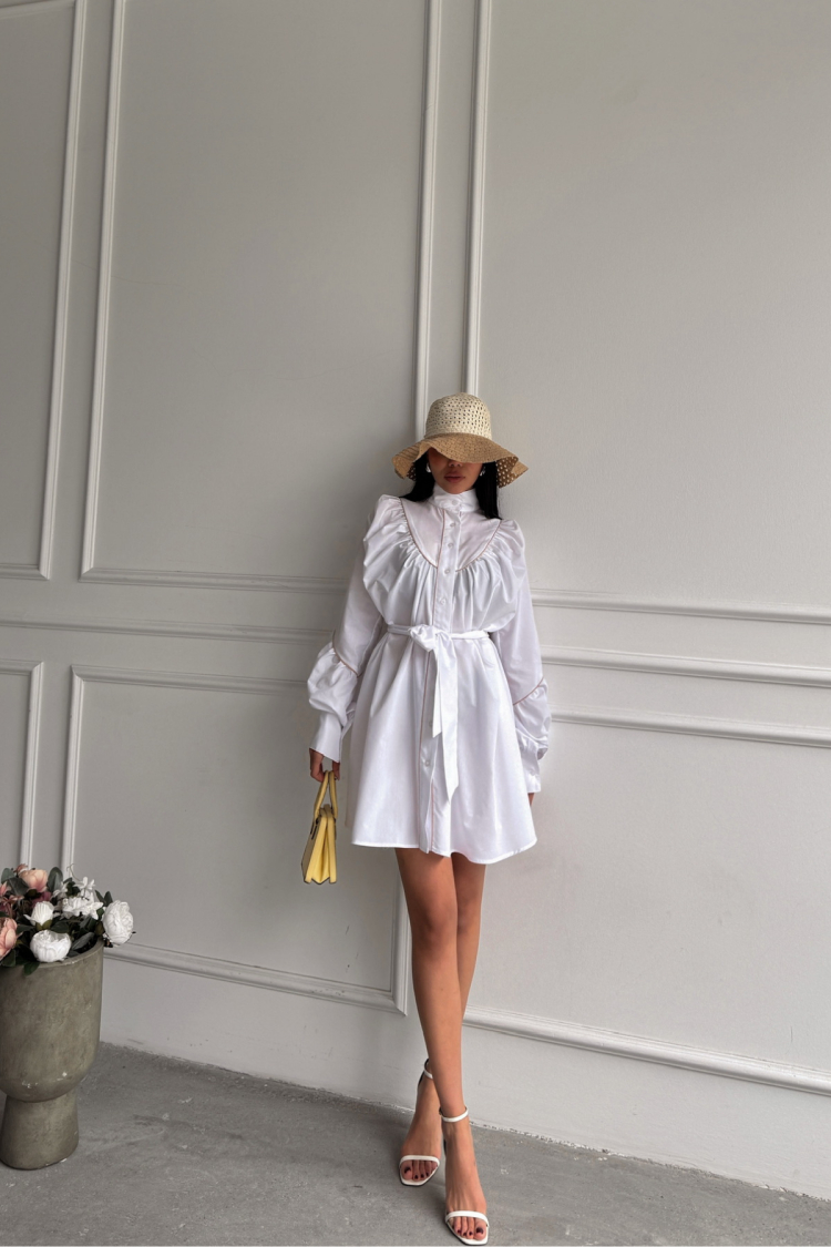 Front Buttoned Poplin Flared Dress Lacing Belt Detailed