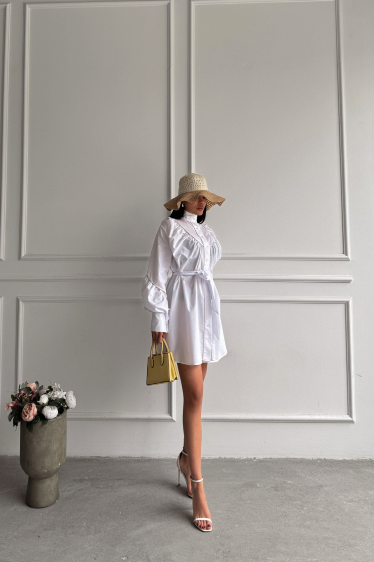 Front Buttoned Poplin Flared Dress Lacing Belt Detailed