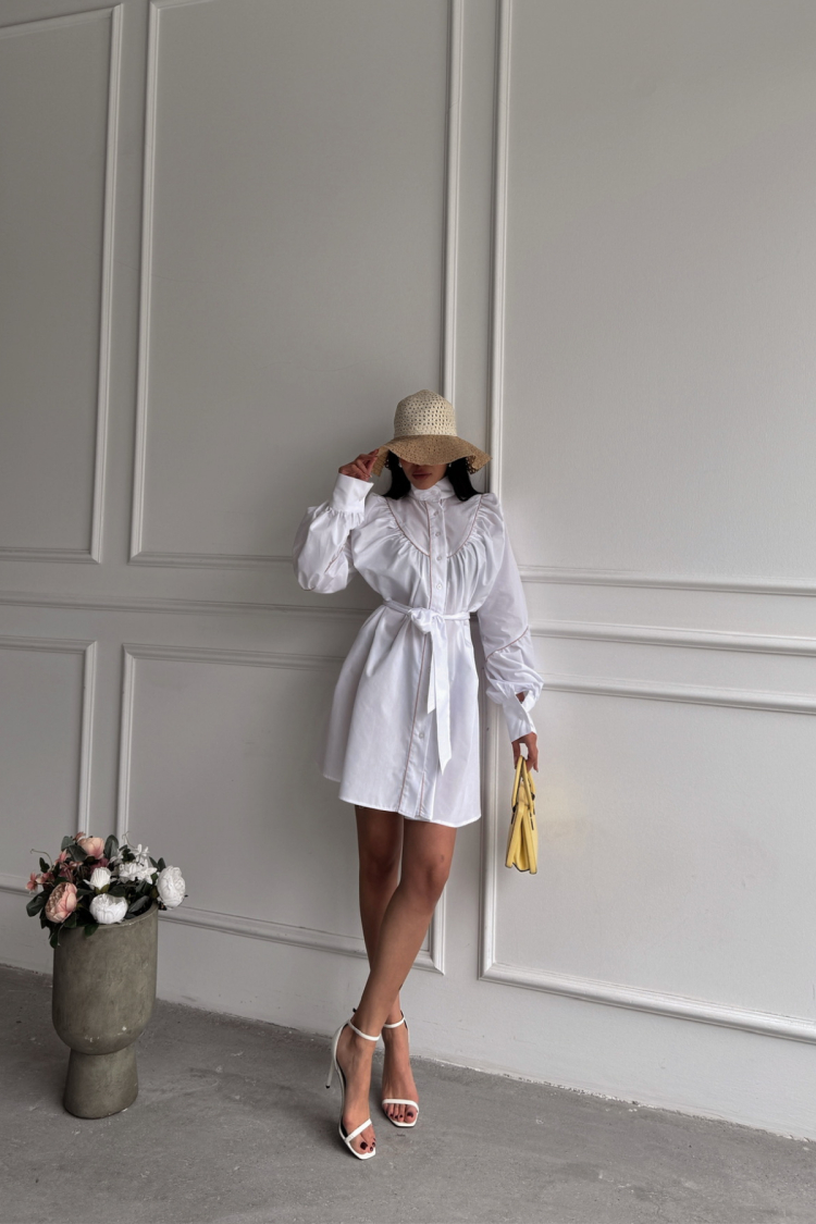 Front Buttoned Poplin Flared Dress Lacing Belt Detailed