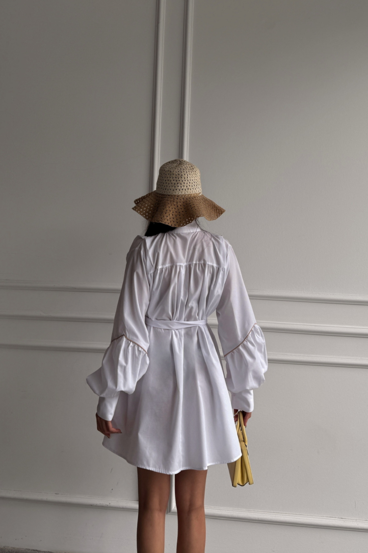 Front Buttoned Poplin Flared Dress Lacing Belt Detailed