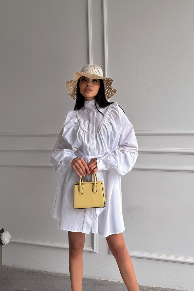 Front Buttoned Poplin Flared Dress Lacing Belt Detailed