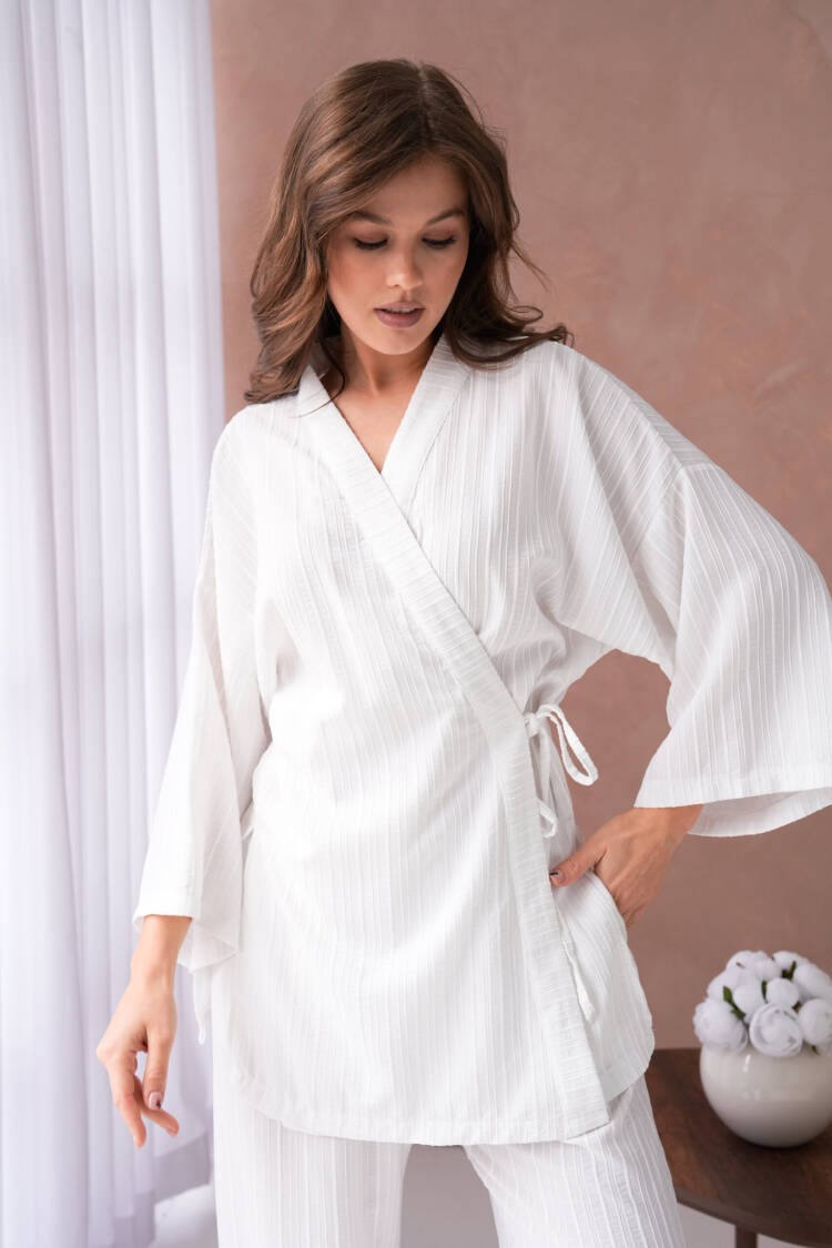 Self Patterned Side Tie Kimono And Pants Bottom/Top Set 29059