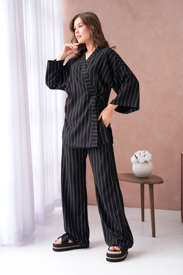 Self Patterned Side Tie Kimono And Pants Bottom/Top Set 29059 - First Angels - Globality Store - Women Clothes Wholesale Turkey
