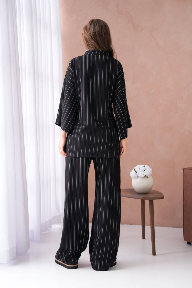 Self Patterned Side Tie Kimono And Pants Bottom/Top Set 29059